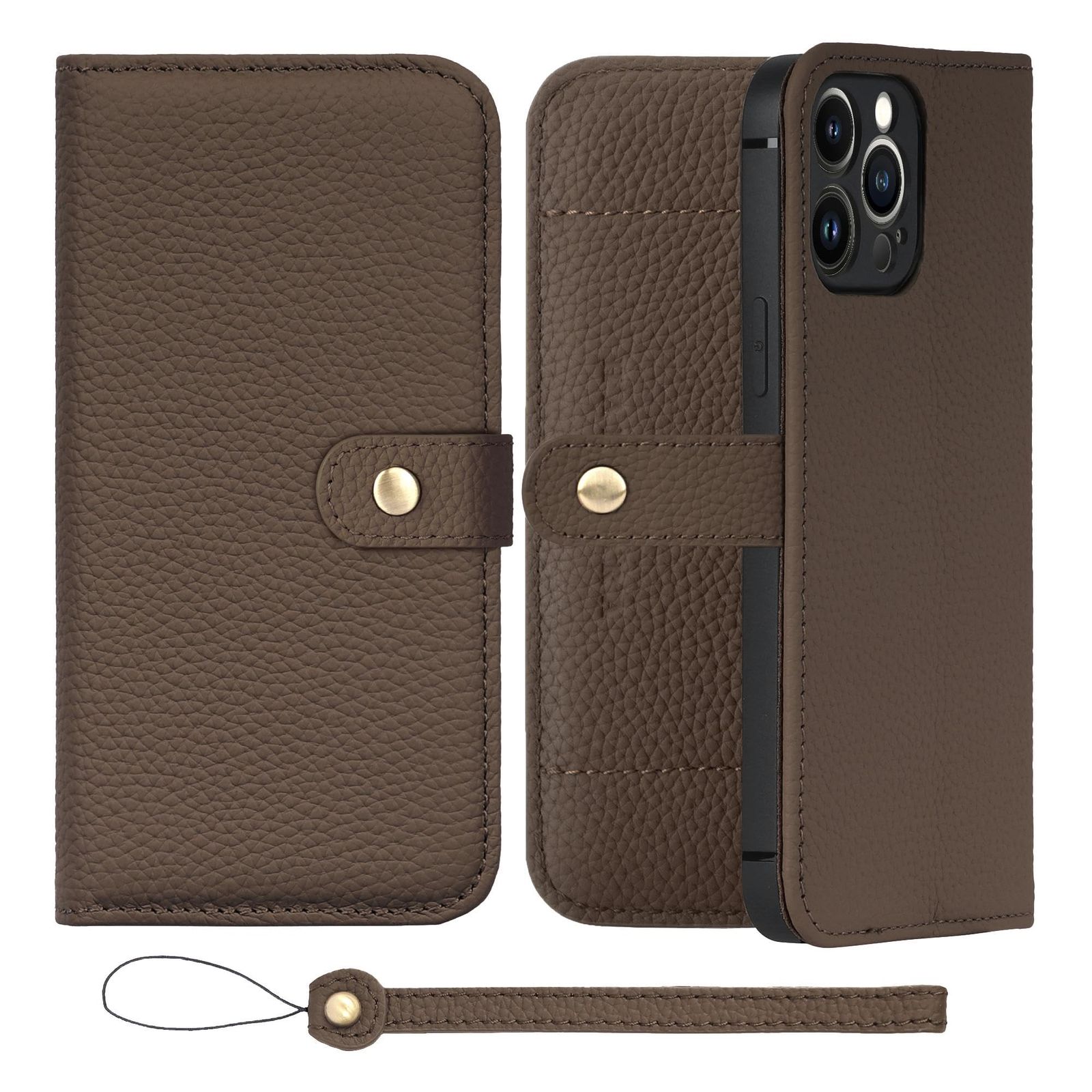 新品 HANATORA for iPhone 13ProMax ケース 手帳型 本革 スマホケース スマホ スタンド ストラップ 付き シュリンクカーフレザー ベルトあり マグネットなし トープ H1SPB-13ProMax-Taupe ギフト 誕生日 女性