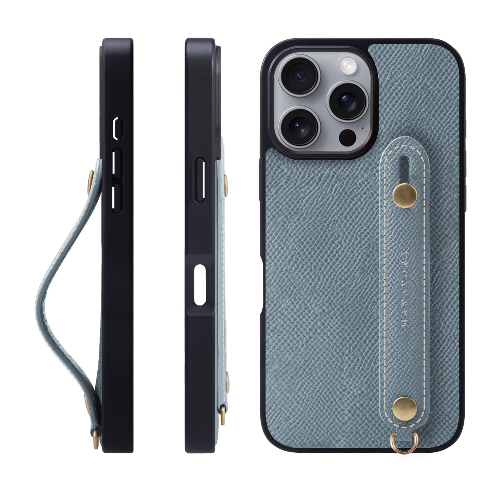 新品 HANATORA for iPhone 16ProMax ケース 本革 耐衝撃 背面ベルト スマホケース スマホ スタンド機能 ネック ストラップ 付き エンボスレザー ギフト マグネットなし ブルー ラン NGH-16ProMax-Bluelin