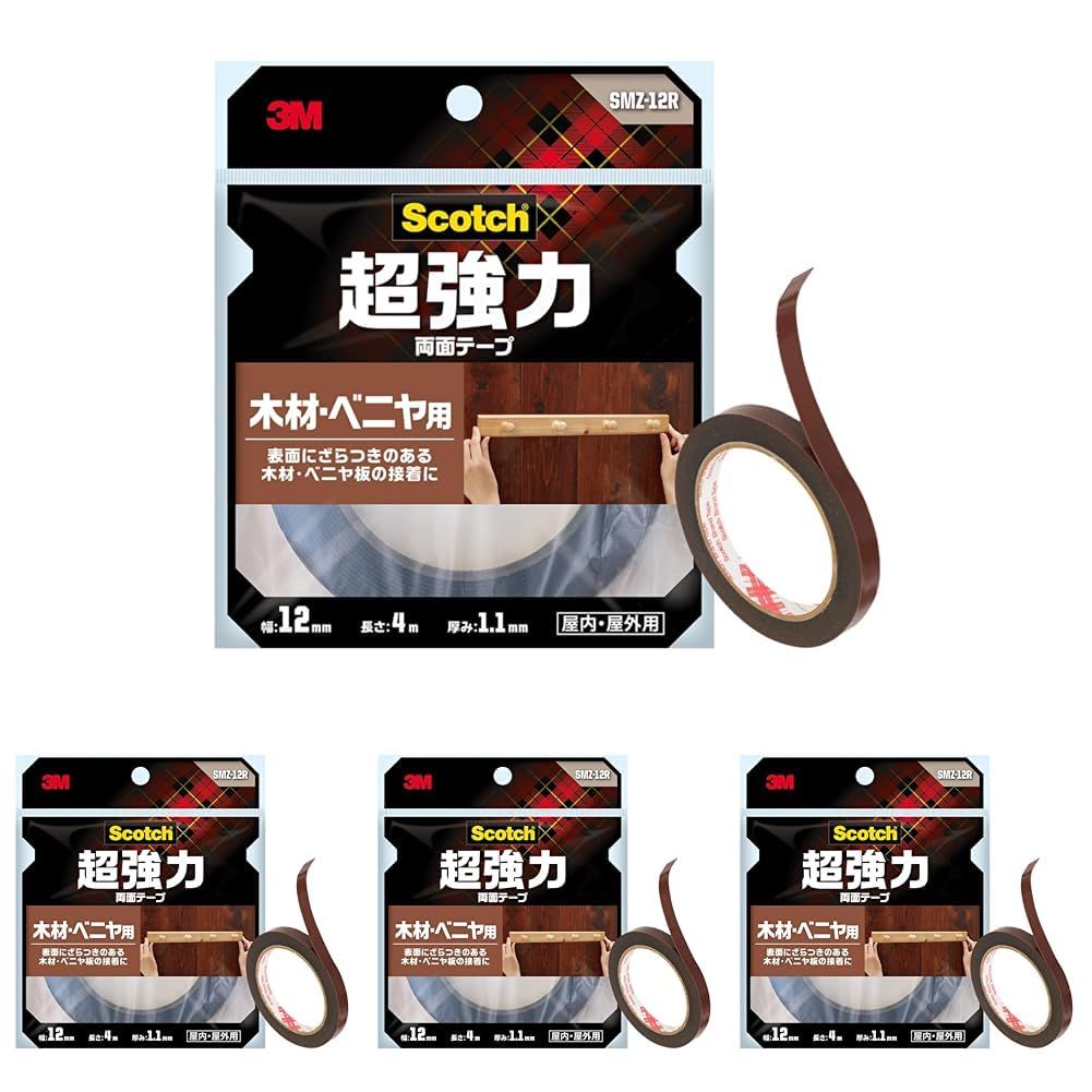 新品 3M 両面テープ 超強力 木材 べニア 用 幅12mm 長さ4ｍ スコッチ SMZ-12R セミロング (× 4)
