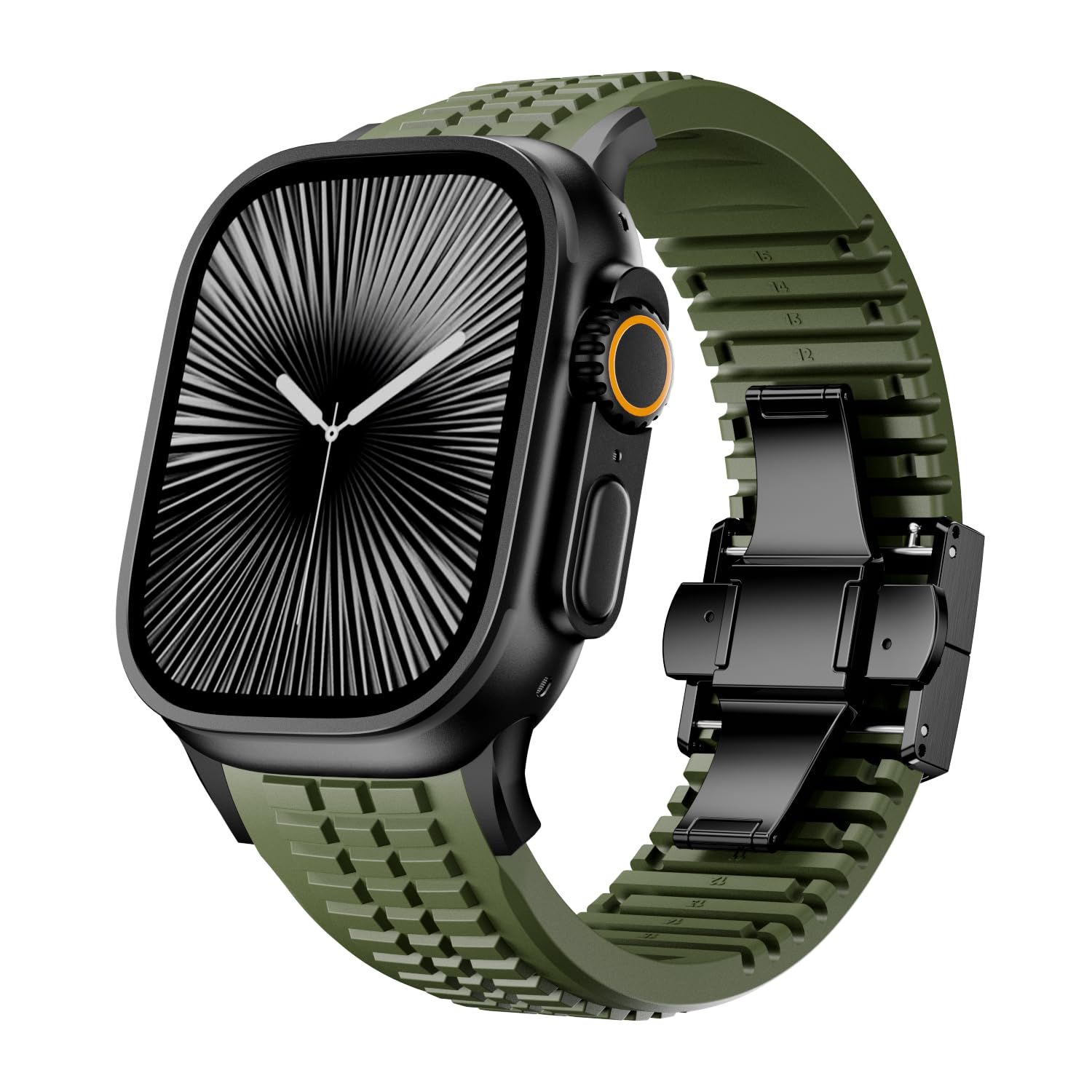 新品 [VKEOO] iWatch Ultra 2 / Ultra/Series 10 9 8 7 (44mm 45mm 46mm 49mm) 用シリコンウォッチバンド、折りたたみ式バックル付きスポーツウォッチバンド、男性向けの耐久性のあるモダンなデザイン