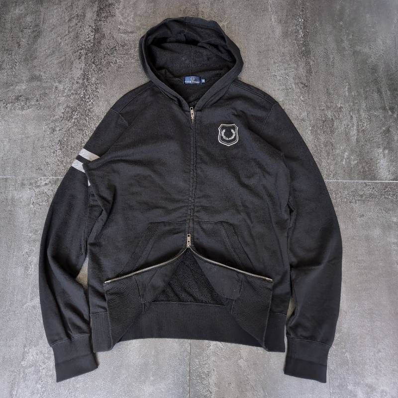 Fred Perry Double Zip Hoodie Men's O Black Logo Patch Sweatshirt フレッドペリー ダブルジップパーカー メンズ O ブラック ワッペン