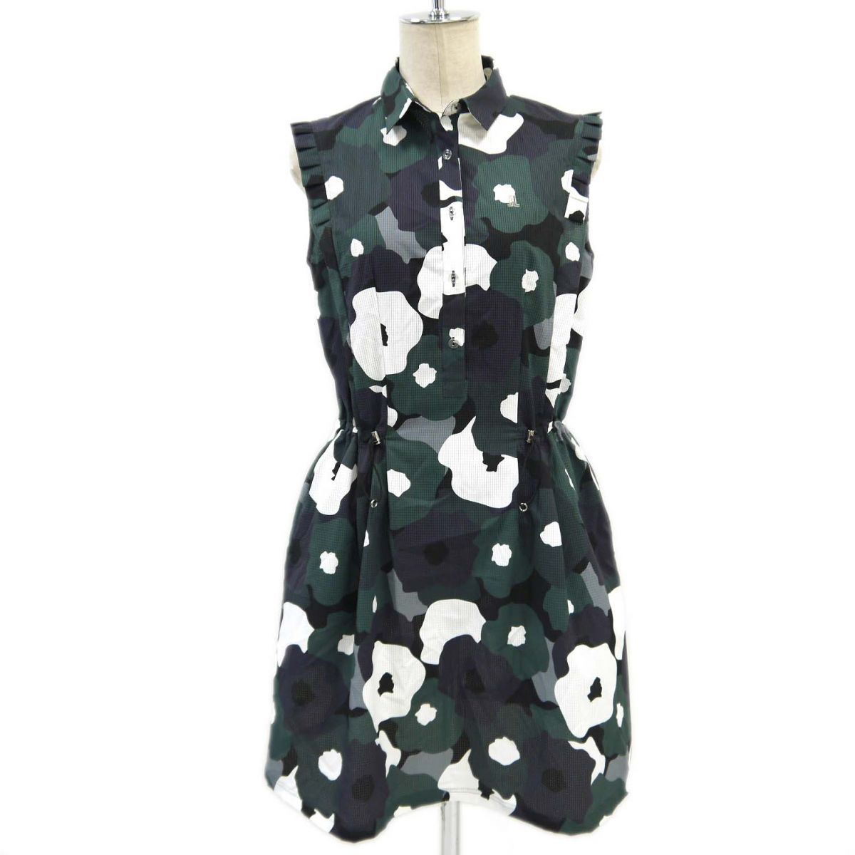美品◆LANVIN SPORT ノースリーブ ワンピース 花柄 ゴルフウェア メッシュ 通気性 フリル 日本製 デサント ランバンスポール レディース