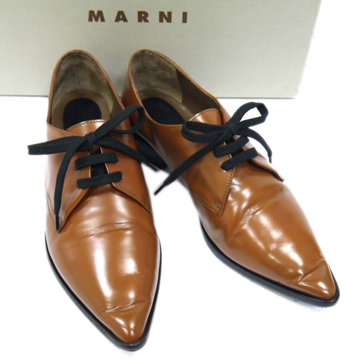 美品◆MARNI マルニ ポインテッドトゥ レースアップシューズ 牛革 イタリア製 ロングノーズペンシルトゥ オックスフォード 箱付 レディース