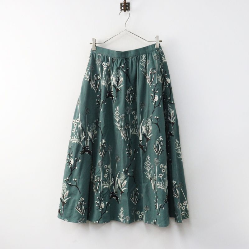 美品 2024FW マーブルシュッド marble SUD EMB higotai スカート M＼グリーン 刺繍 コットン ギャザー フレア ゴム 【2400014966909】