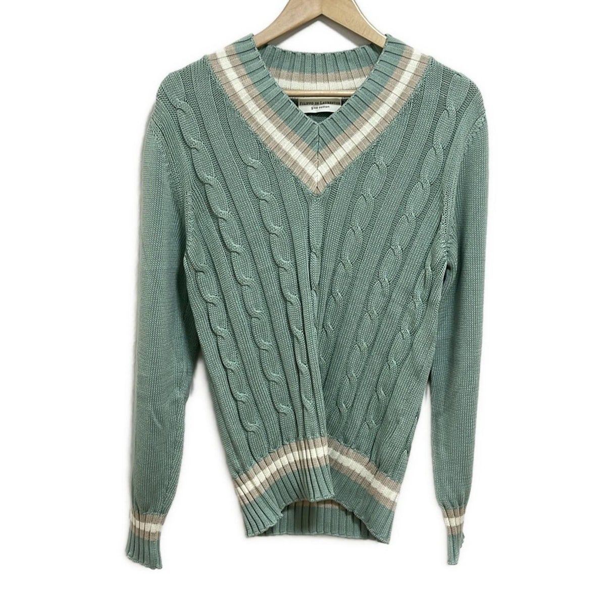 Filippo De Laurentiis(フィリッポデローレンティス) 長袖セーター サイズ48 XL メンズ - ブルーグリーン×ベージュ×白 Vネック