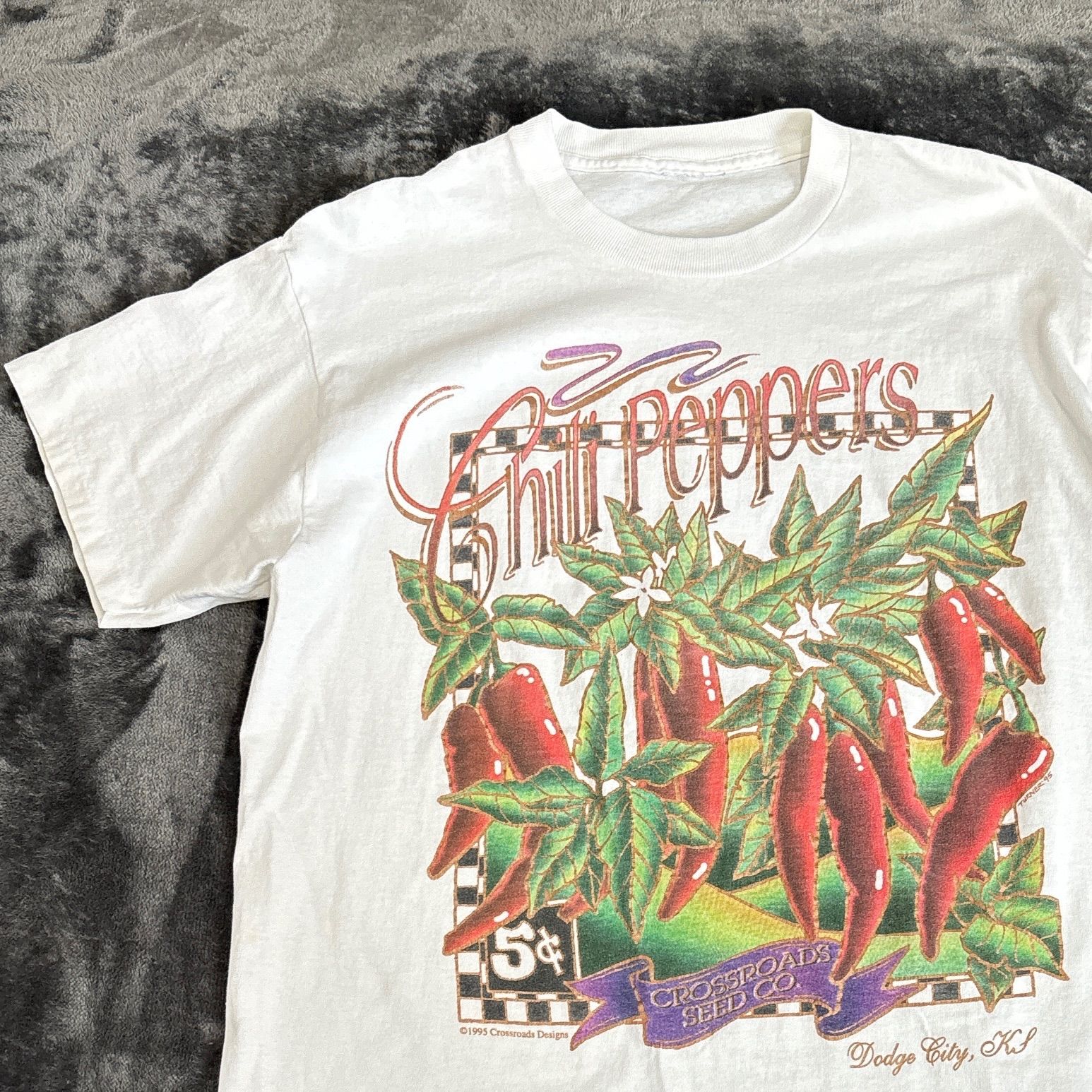 【USED】USA古着 90s 1995 シングルステッチ Chili Peppers Tシャツ USA古着 ヴィンテージ 唐辛子 アート プリントT 半袖 白T 雰囲気系 フェード グランジ メンズM L相当 企業系 アメカジ レトロ vintage