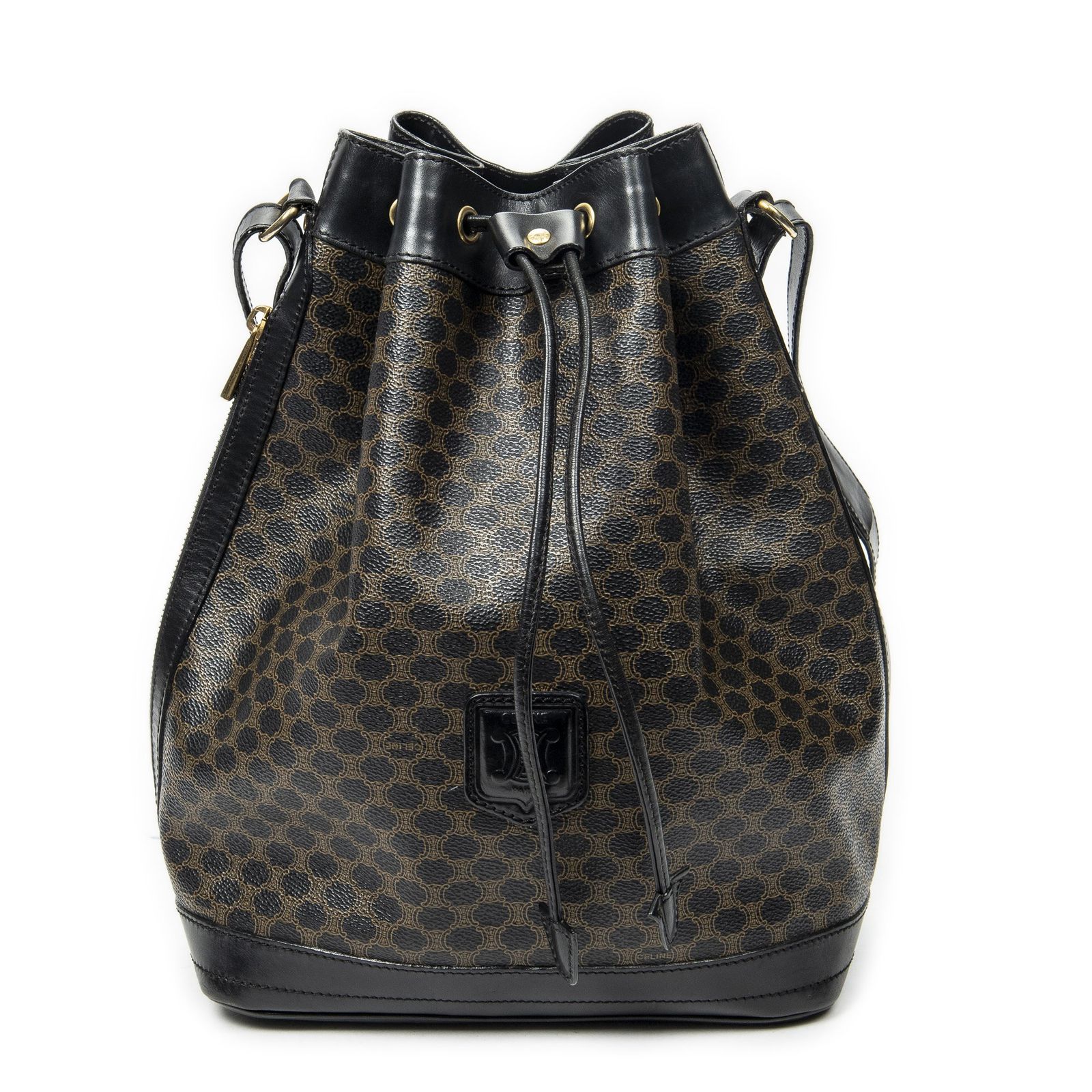 [中古] CELINE セリーヌVintage Drawstring Bucket Toteブラック/ブラウンマカダムPVCキャンバスAB