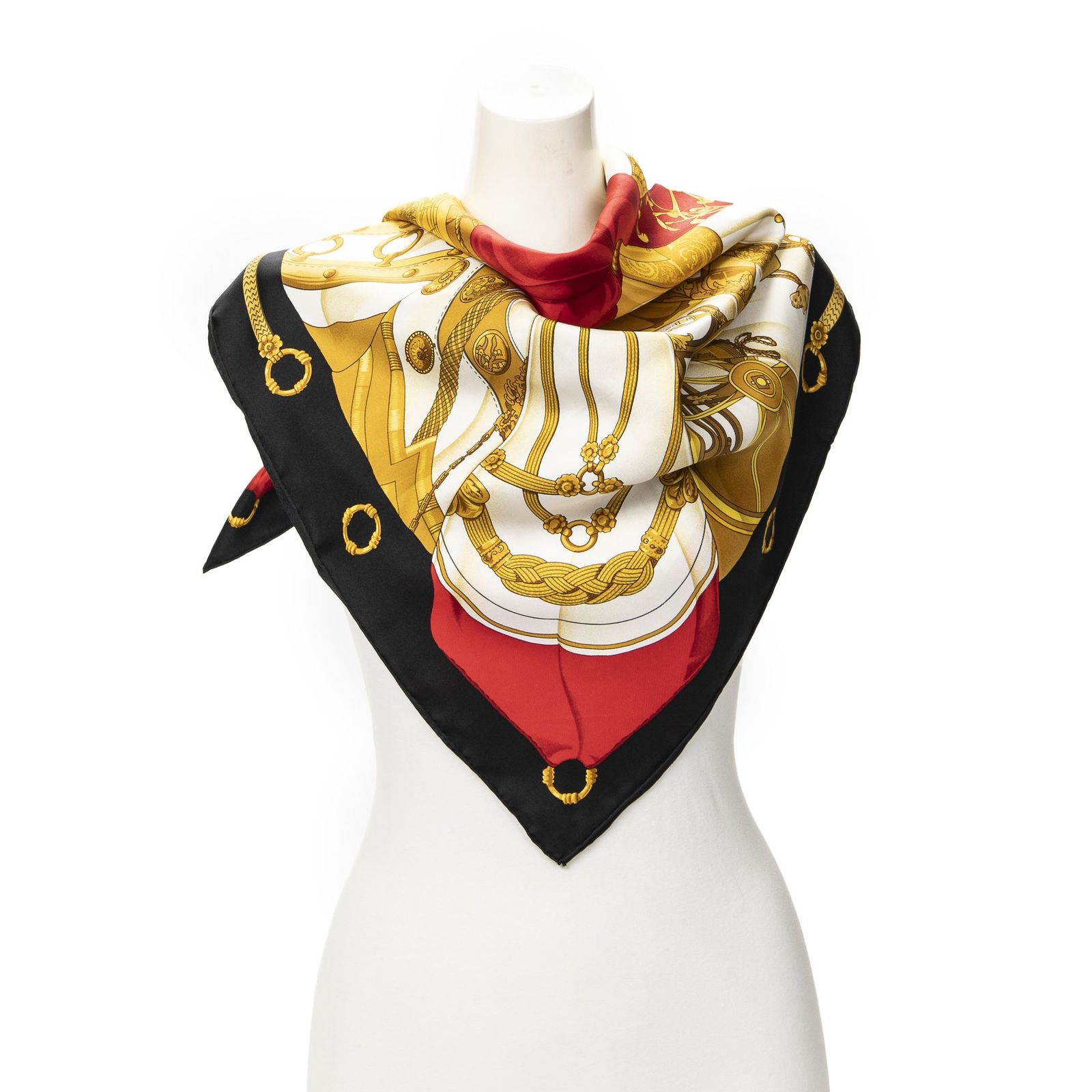 [中古] HERMES エルメススカーフ金、黒、アイボリー100% ツイルシルクA