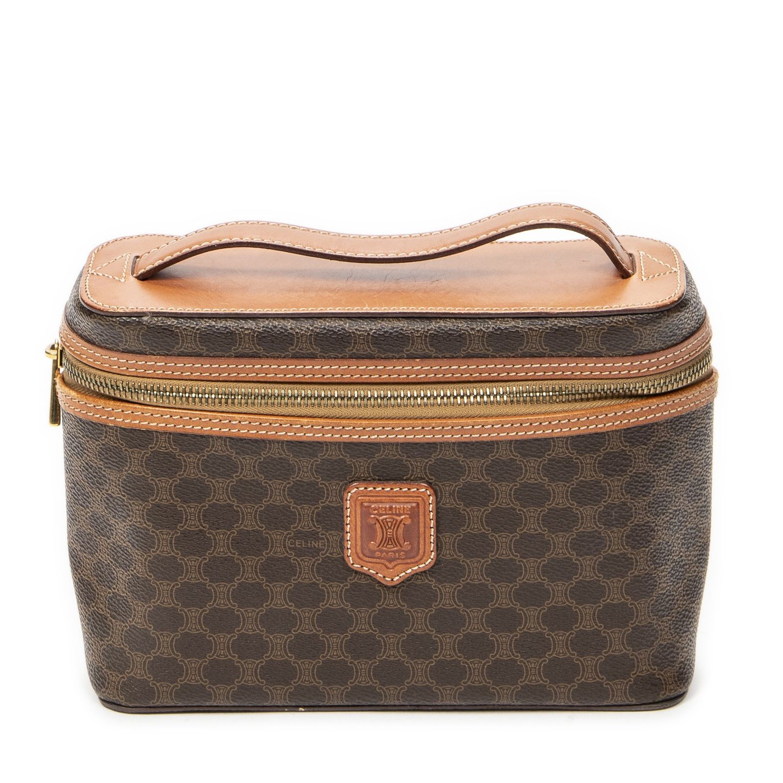 [中古] CELINE セリーヌトップハンドル トイレタリーポーチ茶色マカダムPVCキャンバスAB