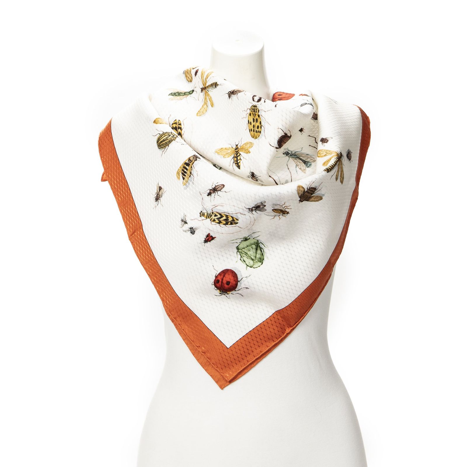 [中古] HERMES エルメススカーフオレンジ、アイボリー100% ジャカードシルクA
