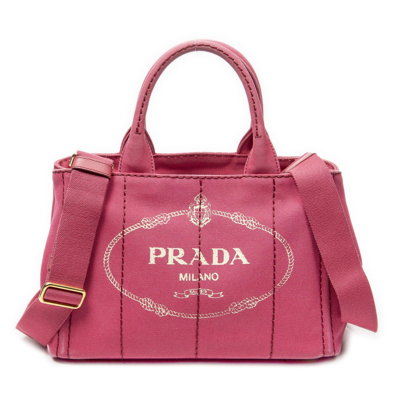 [中古] PRADA プラダカナパ スモール トートフューシャピンクカナパキャンバスA
