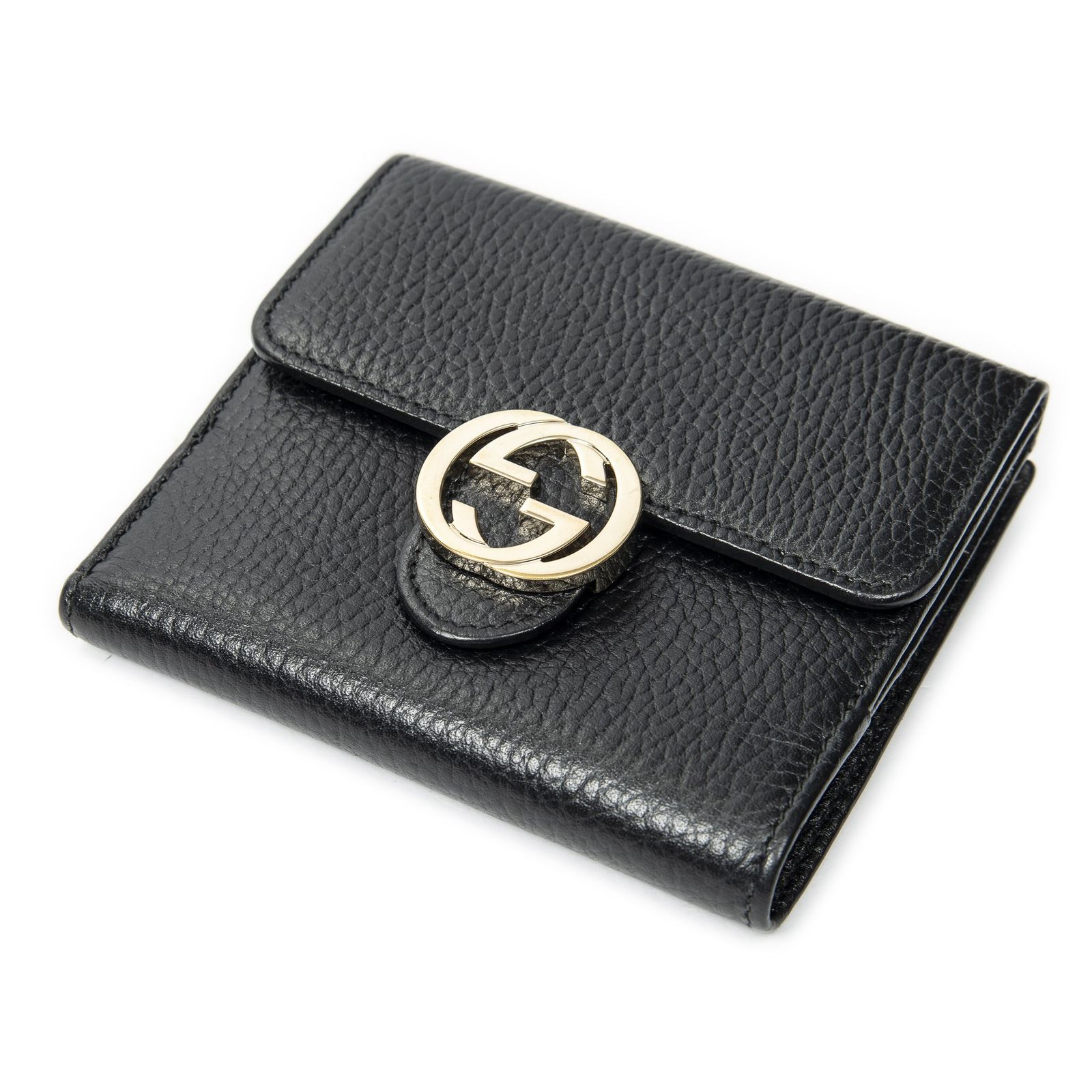 [中古] GUCCI グッチインターロッキングG コンパクト フレンチ ウォレット黒グレインカーフスキンレザーA