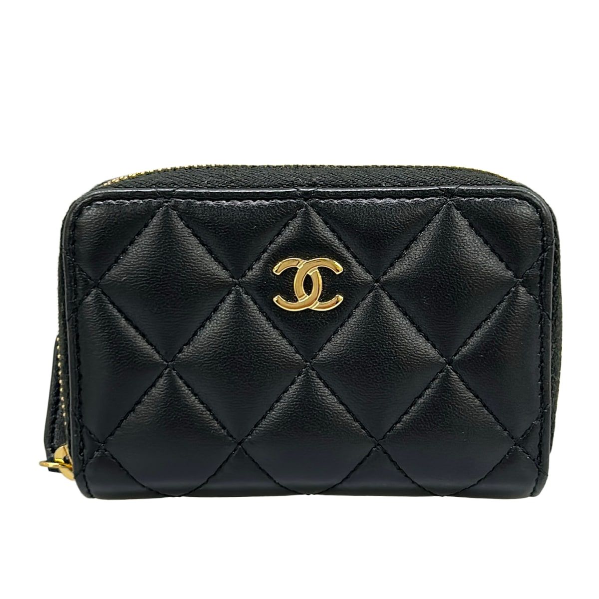 CHANEL(シャネル) コインケース マトラッセ 黒 ゴールド金具/ココマーク/ラウンドファスナー ラムスキン