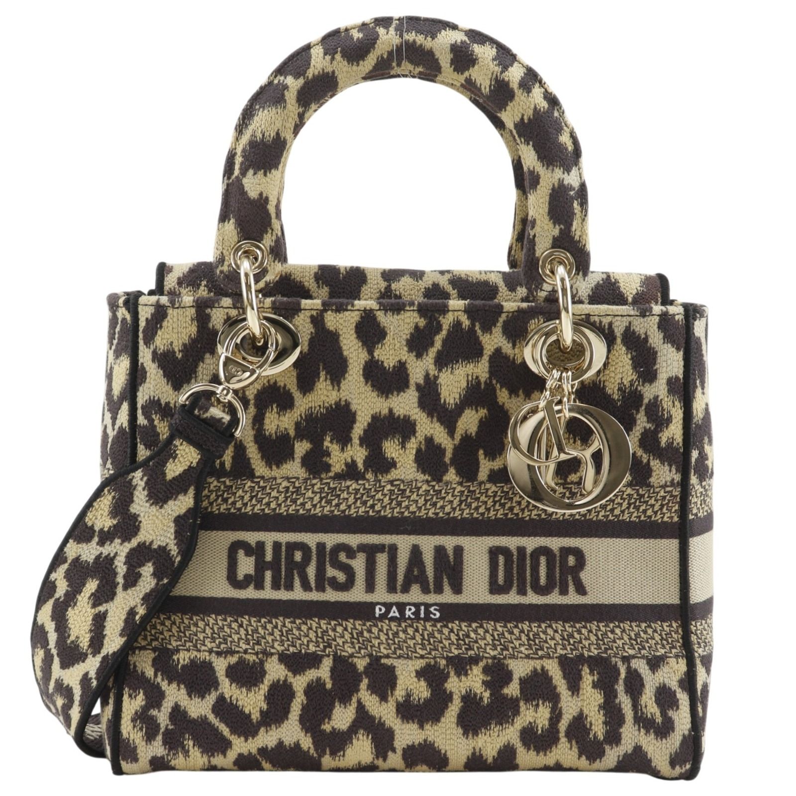 【Dior】クリスチャンディオール レディ D-ライト ミディアム レオパード柄 2WAYショルダー キャンバス 茶 レディース ハンドバッグ