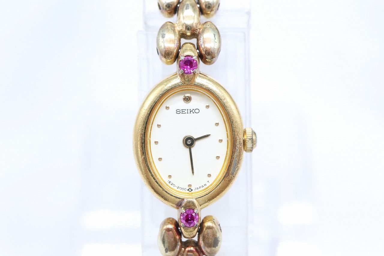 【W304-121】動作品 電池交換済 SEIKO セイコー ２針 石付き ブレスレットウォッチ 腕時計 1E20-6140 レディース 4,000円