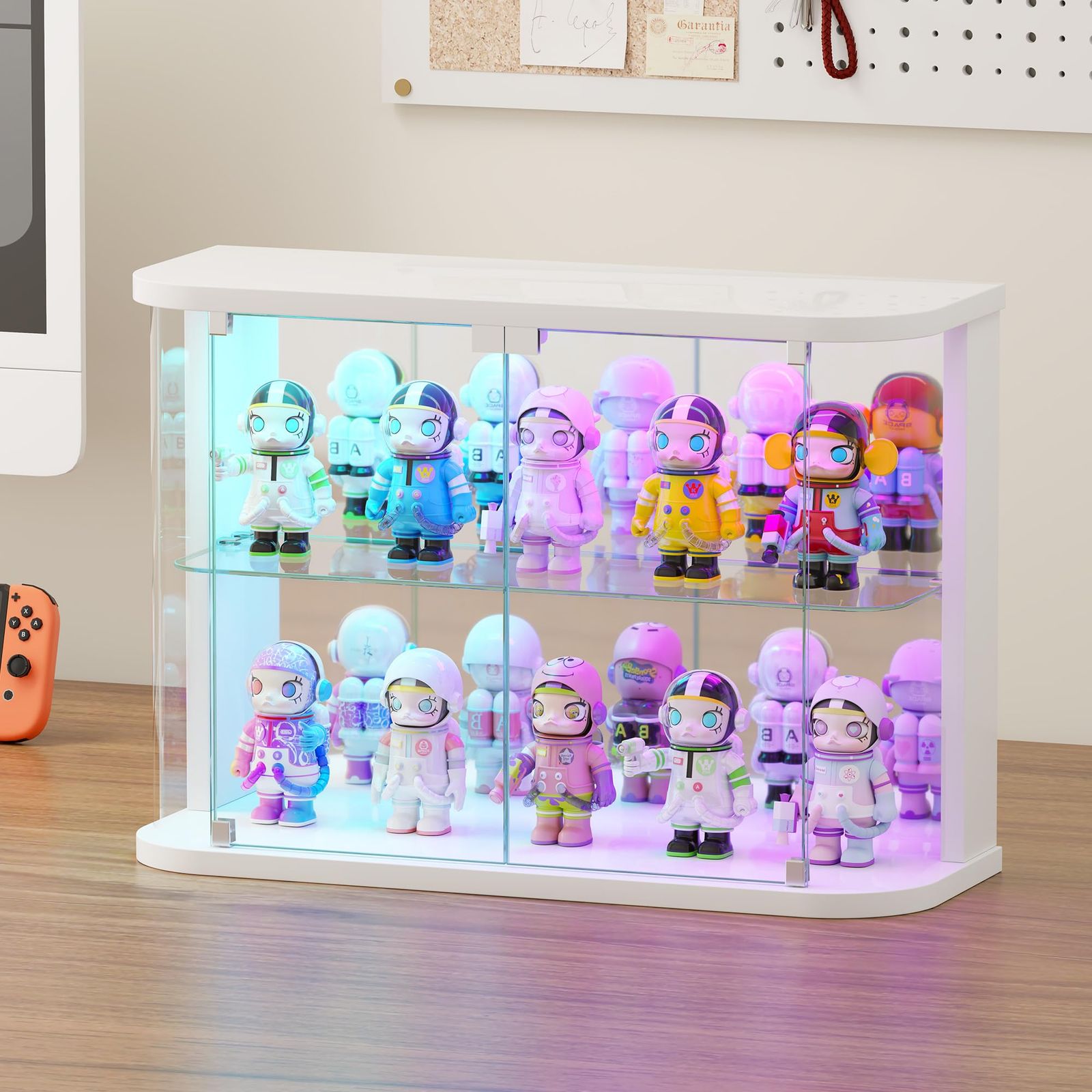 Lvifur フィギュアケース - コレクタブル収納用 2段棚＆ポップアップ式ガラスドア R 角加工エッジ仕様 RGB LED ライト付き ミラーバック搭載 ホワイト(50×18×35cm)AR fe02df9b