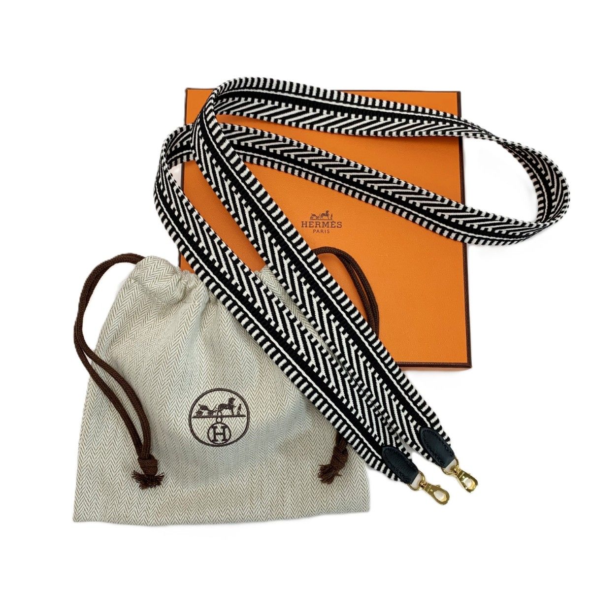 HERMES エルメス ショルダーストラップ WSR W刻印 ホワイトxブラック キャンバス 交換用