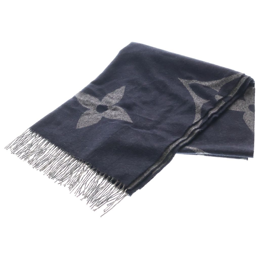 LOUIS VUITTON (ルイヴィトン) モノグラム ジャイアント カシミヤ フリンジ マフラー グレー M77950