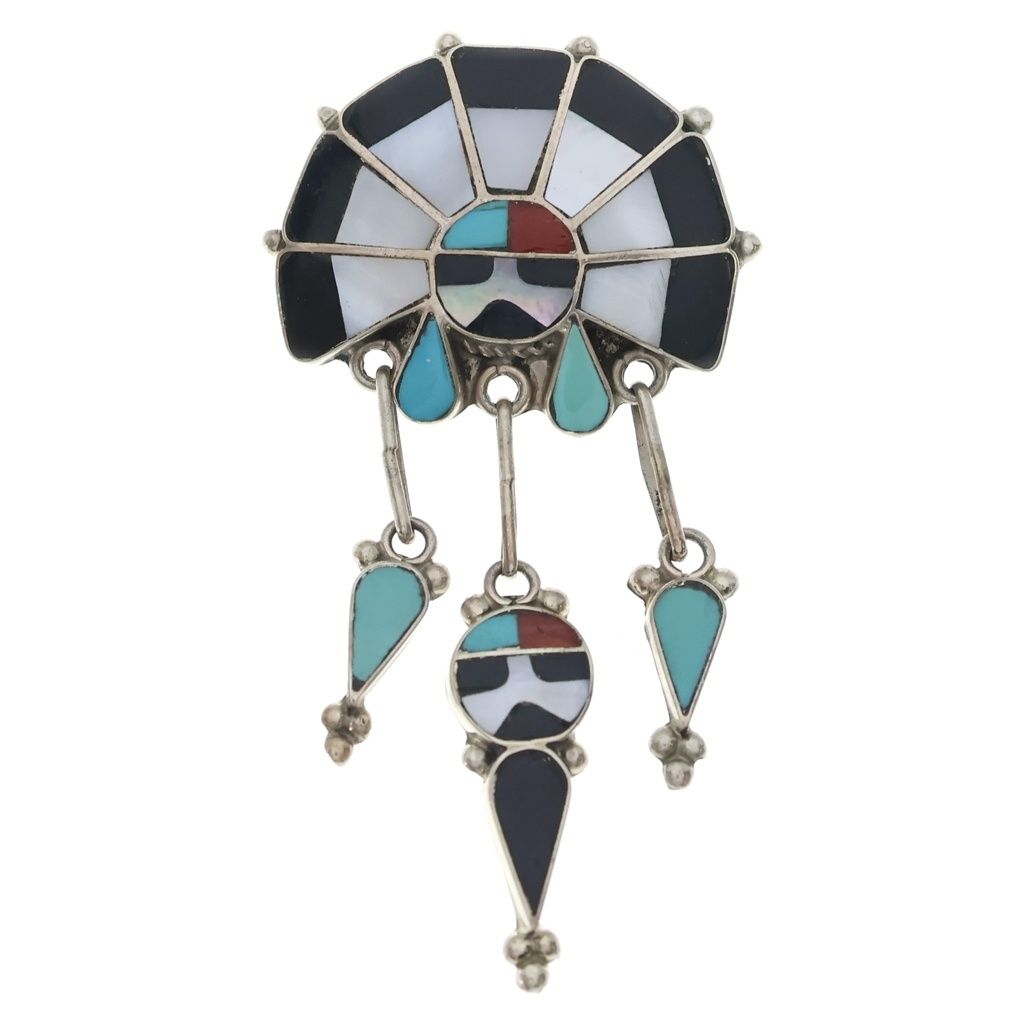INDIAN JEWELRY (インディアンジュエリー) ZUNI Ricky Lateyice ズニ族 リッキーラテイシー 太陽神 サンフェイス インレイワーク ブローチ ペンダントトップ シルバー/マルチ