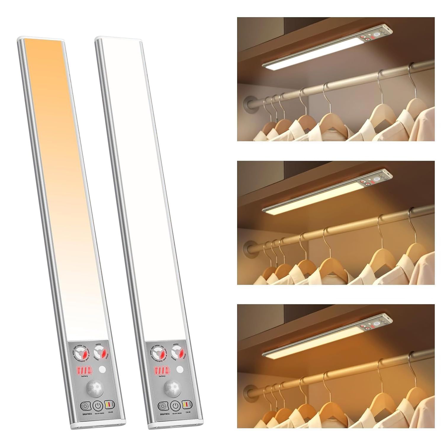 LEDバーライト 人感センサーライト 室内 40CM 極薄 Type-C充電式 マグネット 2200mAh 3色調節・10段階調光・3ｍ距離 簡単取付 配線不要 高感度 高輝度 寝室/クローゼット/階段/玄関/廊下/キッチン (40cm-2個 27ee92ed