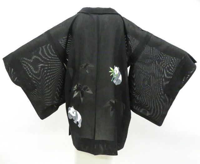 【京松】オリジナル 黒羽織 しつけ付き パンダ 紐別売り 正絹 着物 身丈約81cm 裄丈約65.5cm r8z05-118