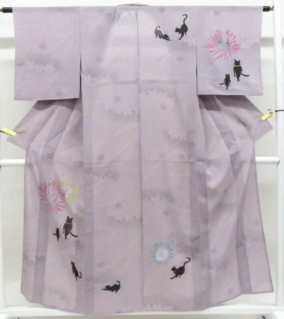 【京松】オリジナル 付下げ ネコ 花火 夏物 正絹 着物 身丈約156cm 裄丈約61.5cm r8z05-123