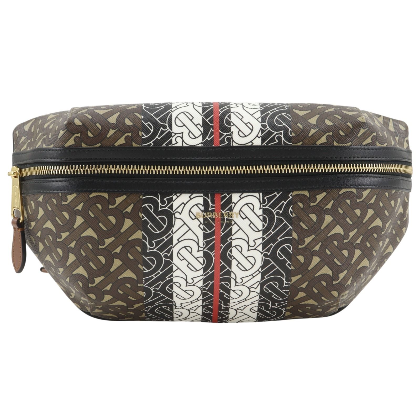 【BURBERRY】バーバリー TBモノグラムストライプ Eキャンバス バムバッグ 8021483 PVC×レザー 茶 ユニセックス ボディバッグ