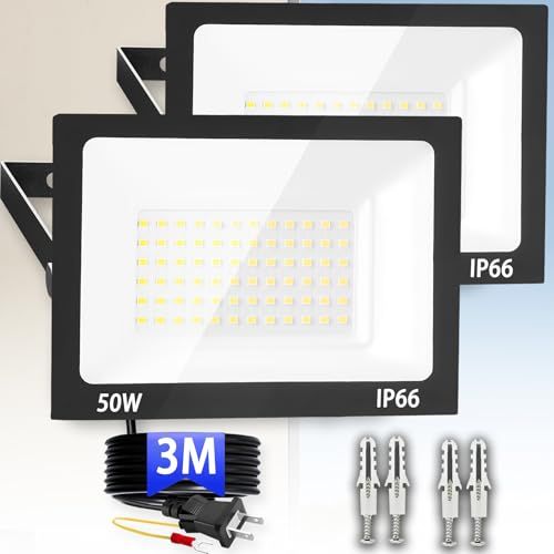 ☆新品☆投光器 led投光器 屋外 50W 2個セット 3Mコード 6500K 昼光色 作業灯 コンセント式 10000LM 高輝度 IP66防水 豪雨対応 長寿命 省エネ 120°広角 屋外照明 掲示板 駐車場 運動場 倉庫照明 天井照明 18f91138