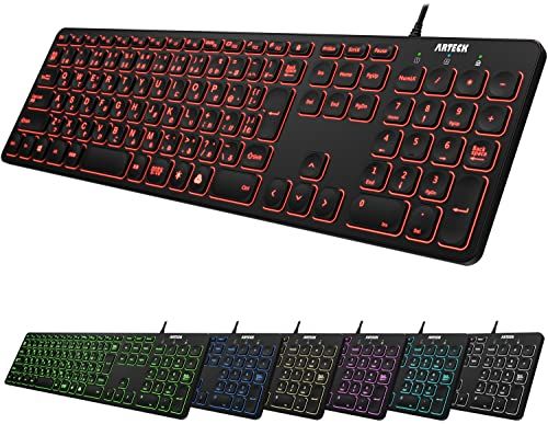 ☆新品☆Arteck USB 有線 ワイヤー キーボード 7色バックライト搭載 明るさ変更 フルサイズ 6フィート（約1.8メートル）コード テンキー付き コンピューター、デスクトップ、PC、ラップトップ、Windows11/10 /8/7と 8303cfeb
