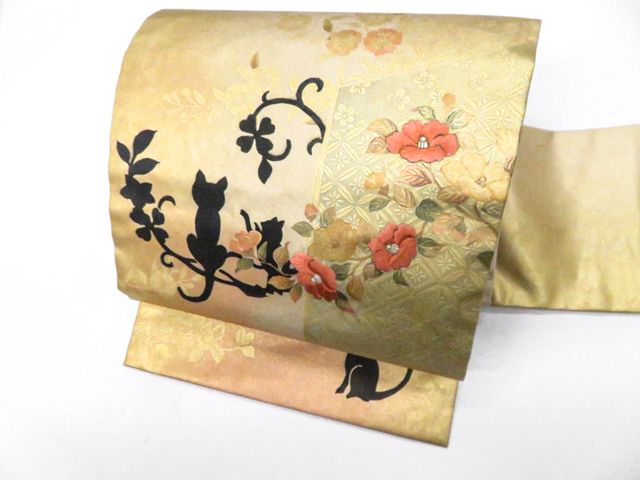【京松】オリジナル 九寸名古屋帯 お太鼓柄 花 猫 ネコ 正絹 r8b05-104
