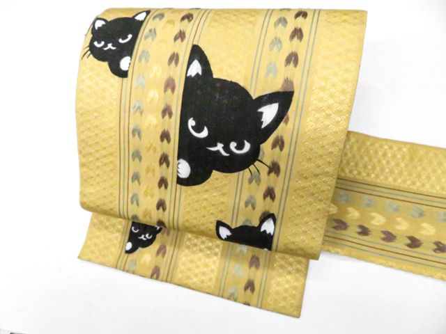 【京松】オリジナル 九寸名古屋帯 お太鼓柄 猫 ネコ 正絹 r8b05-105