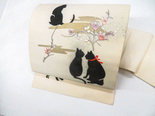 【京松】オリジナル 九寸名古屋 お太鼓柄 夏物 夏 刺繍 金糸 花 ネコ 猫 正絹 美品 r8b05-112