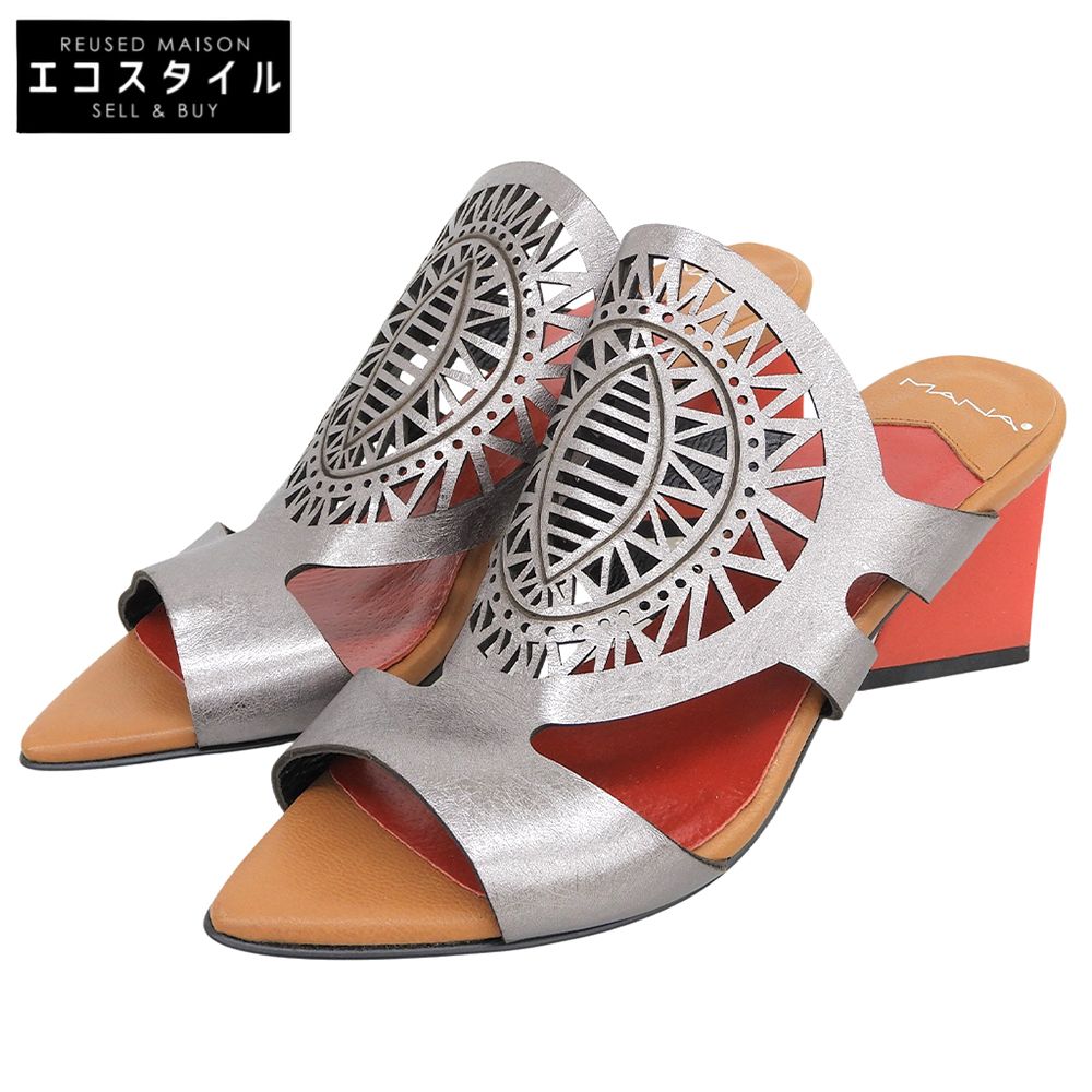 MANA　マナ　美品 グレー×レッド レーザーカット サンダル シューズ レディース 39　39