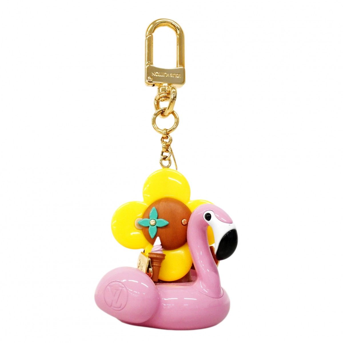 【6ed3321】ルイヴィトン キーホルダー・チャーム ポルトクレヴィヴィエンヌ フラミンゴ M00668 ピンク イエロー【中古】レディース