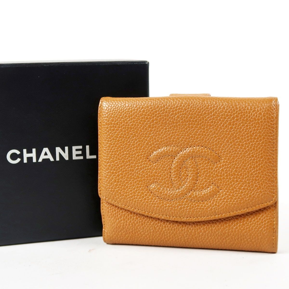 【超美品】CHANEL シャネル キャビアスキン ココマーク 二つ折り財布 コンパクトウォレット ブラウン系 小物【UI32】