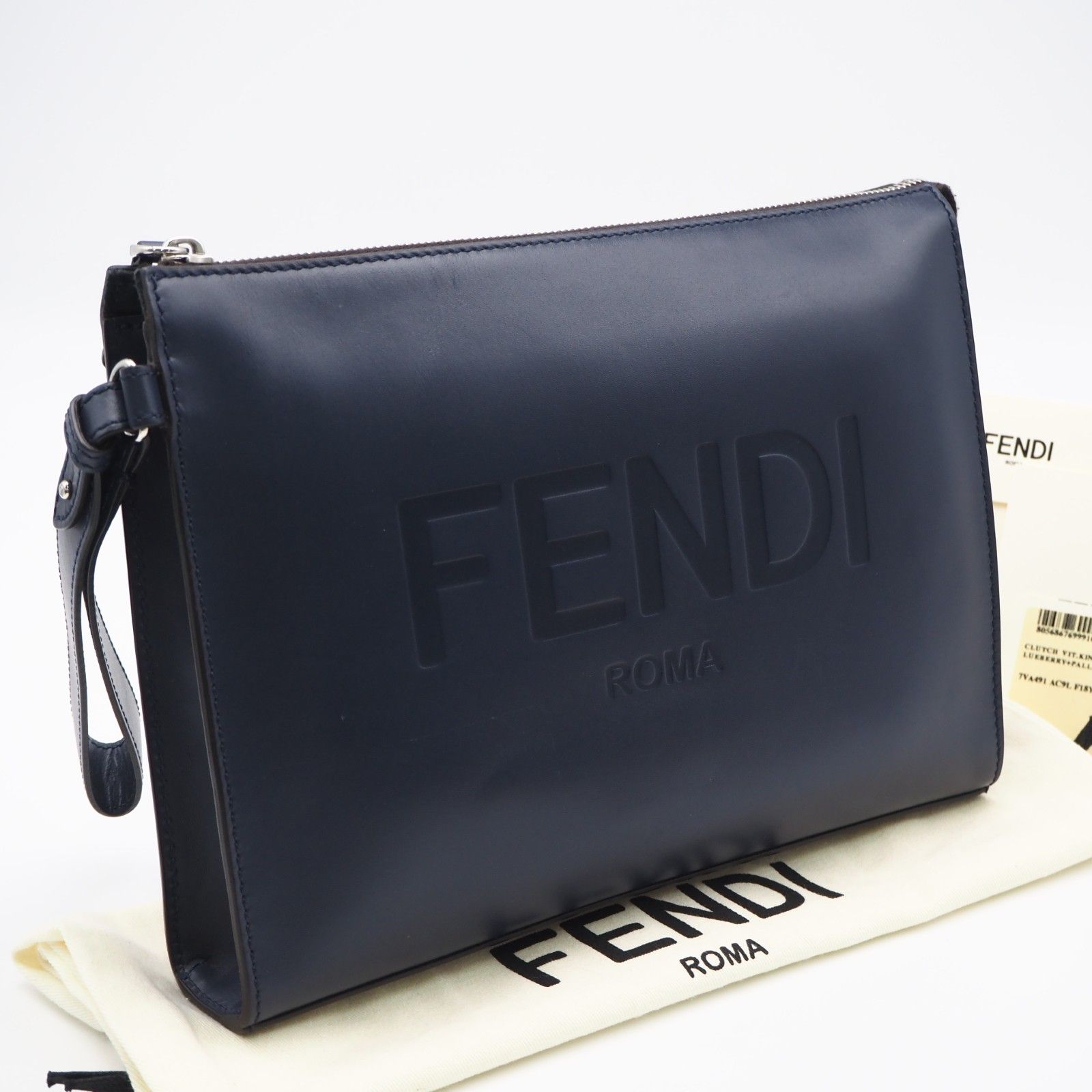 ★3日以内返品可★ 美品 FENDI フェンディ カーフスキン ローマ クラッチバッグ 7VA491 クラッチバッグ ネイビー カーフレザー メンズ