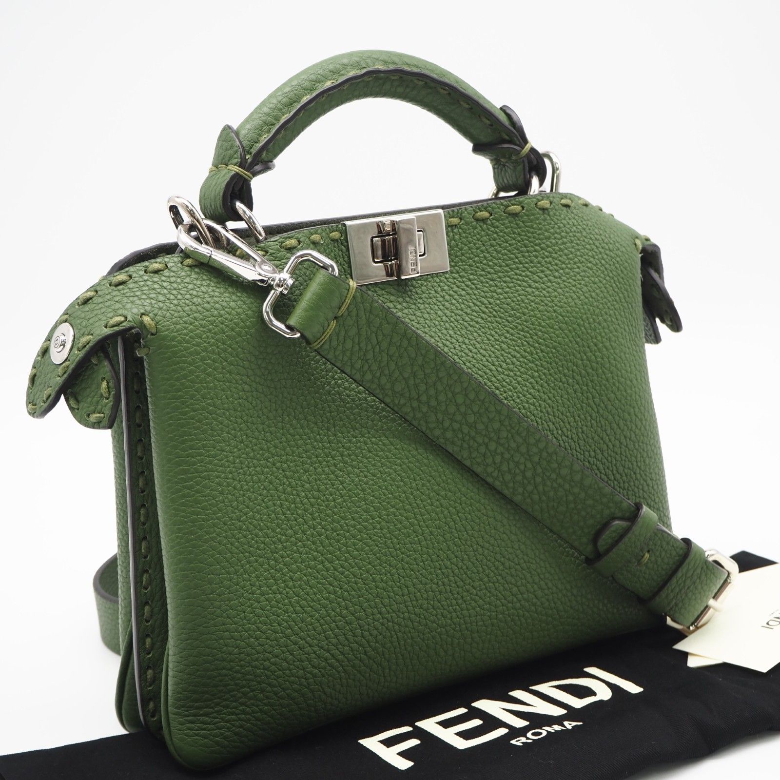 ★3日以内返品可★ 美品 FENDI フェンディ セレリア ピーカブー ソフト スモール 7VA647 2wayハンドバッグ グリーン カーフレザー メンズ