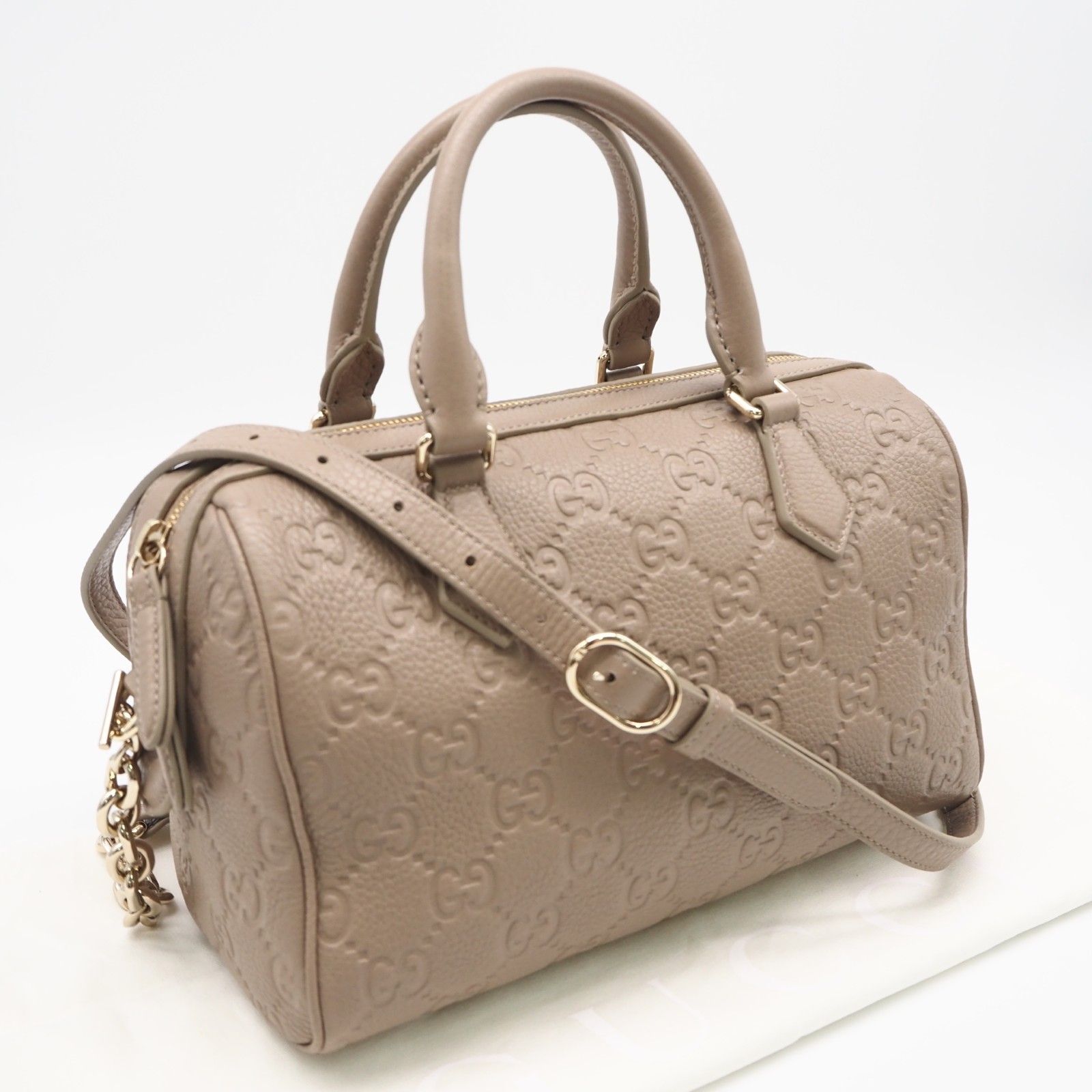 ★3日以内返品可★ 極美品 GUCCI グッチ GGエンブレム スモール トップハンドルバッグ 815255 2wayハンドバッグ ベージュ レザー レディース