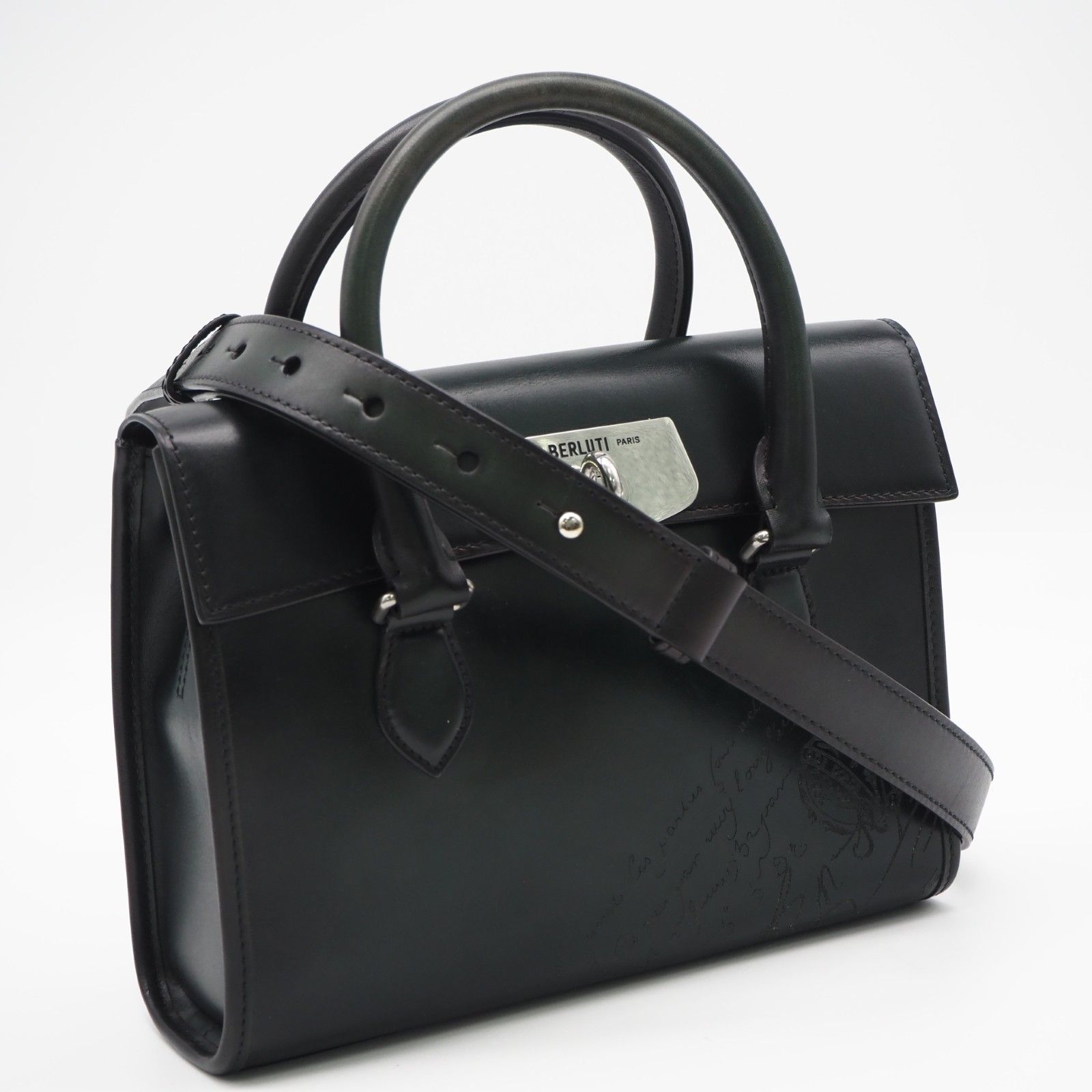 ★3日以内返品可★ 美品 Berluti ベルルッティ レザー スクリット カリグラフィ エミーオガリバー E_MIO_GULLIVER_NEO-V2 2wayハンドバッグ グリーン カーフレザー メンズ