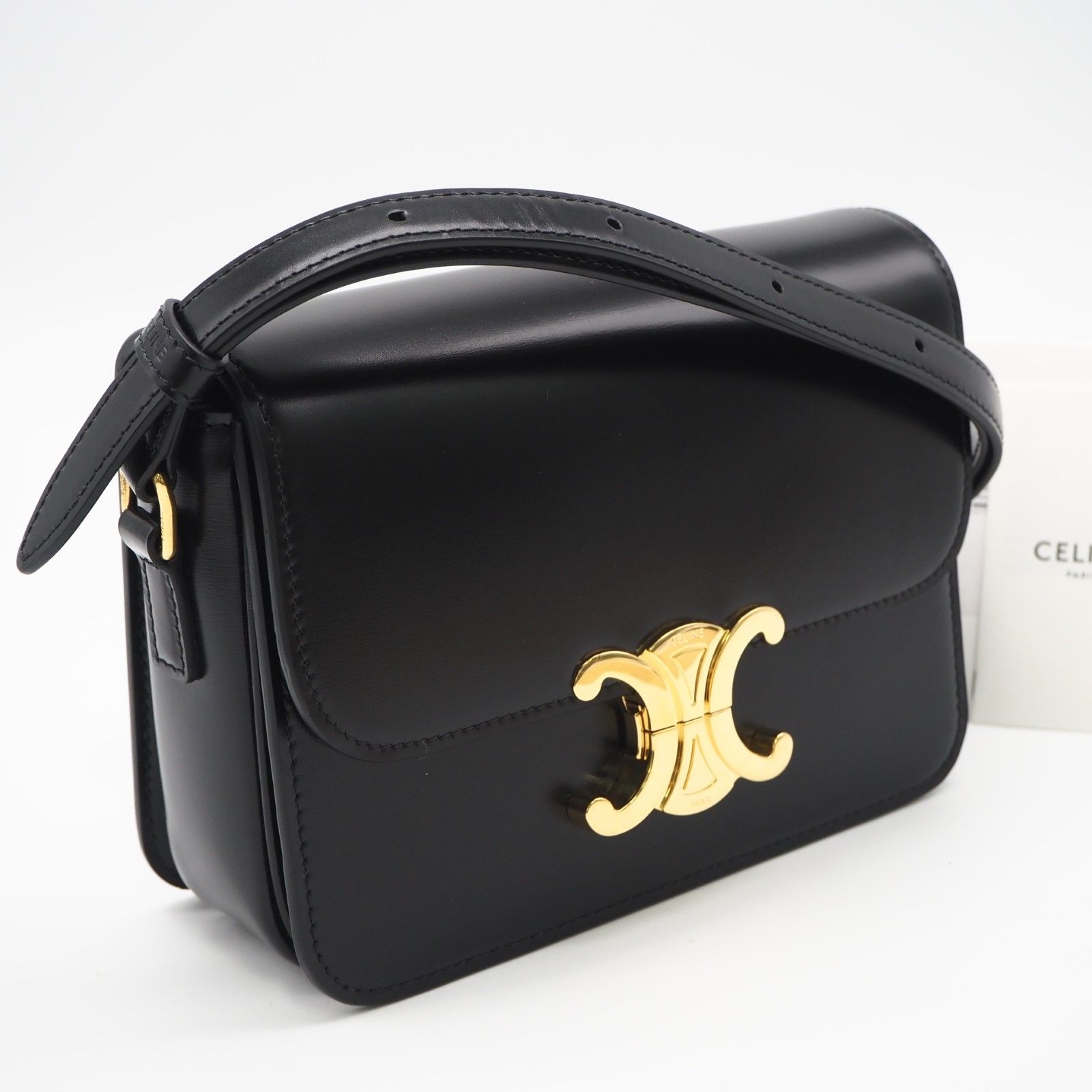 ★3日以内返品可★ 美品 CELINE セリーヌ シャイニーカーフスキン ジュニア トリオンフ バッグ 188423BF4.38NO ショルダーバッグ ブラック カーフレザー レディース