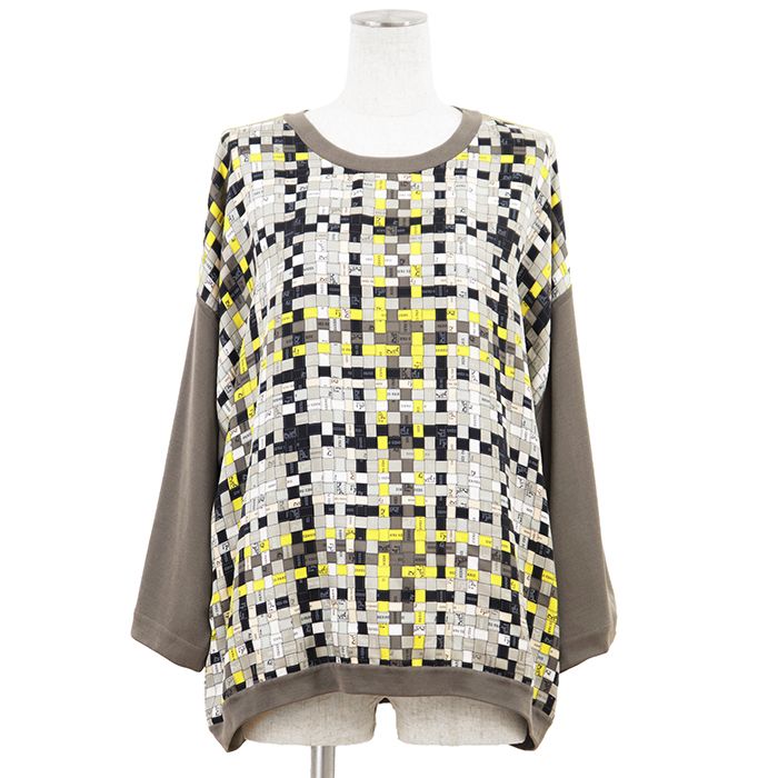 SALE【美品】HERMES エルメス ボルデュックニットトップス サイズ 42 レディース 2019AW ツイルレーヌ ロゴ シルク100％ リラックスフィット プルオーバー クルーネック 丸首 グレージュ 灰色 フランス製