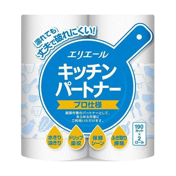 （まとめ）大王製紙 エリエール キッチンパートナー プロ仕様 190カット/ロール 1セット（32ロール：2ロール×16パック） 〔×3セット〕