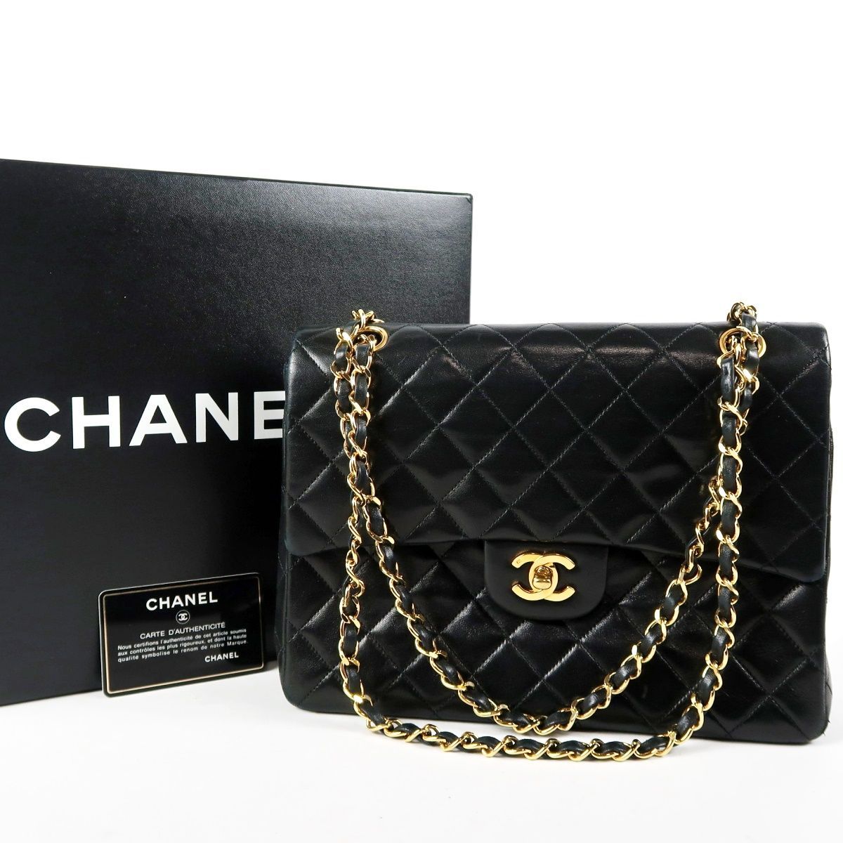 【超美品】CHANEL シャネル ラムスキン マトラッセ Wフラップ チェーンショルダーバッグ ブラック ココマーク【UP23】