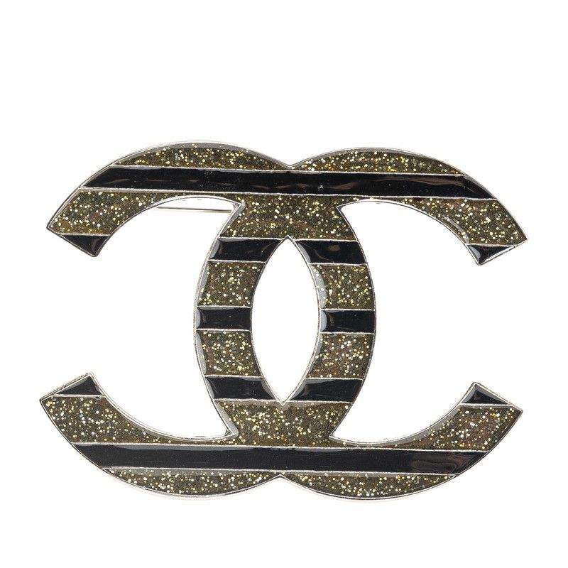 シャネル ココマーク ラメ ボーダー ブローチ シルバー ブラック メタル レディース CHANEL【1-0226307】