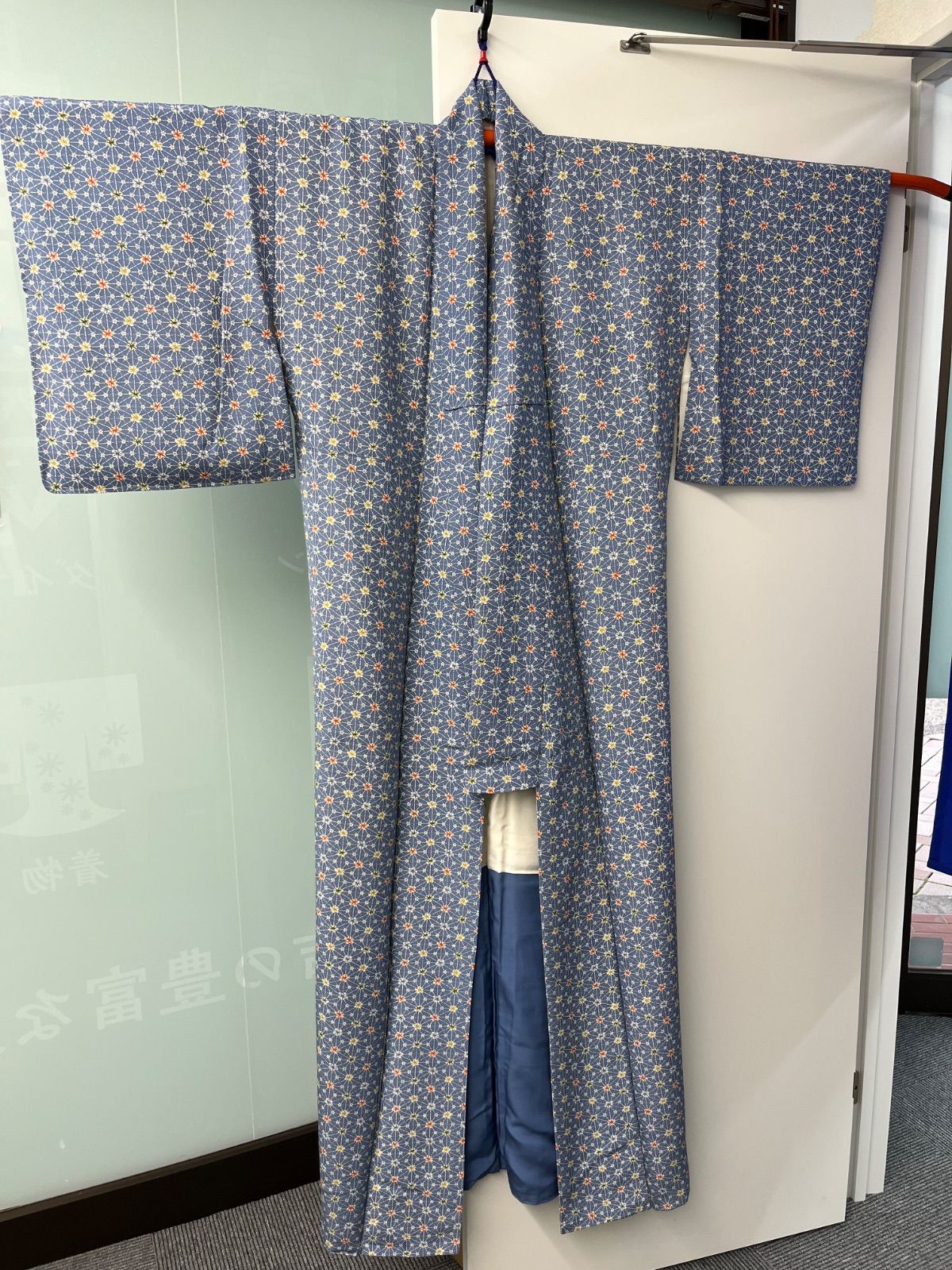極美品】正絹 小紋 袷 青 籠目・小花模様 身丈160cm 裄64cm 片袖