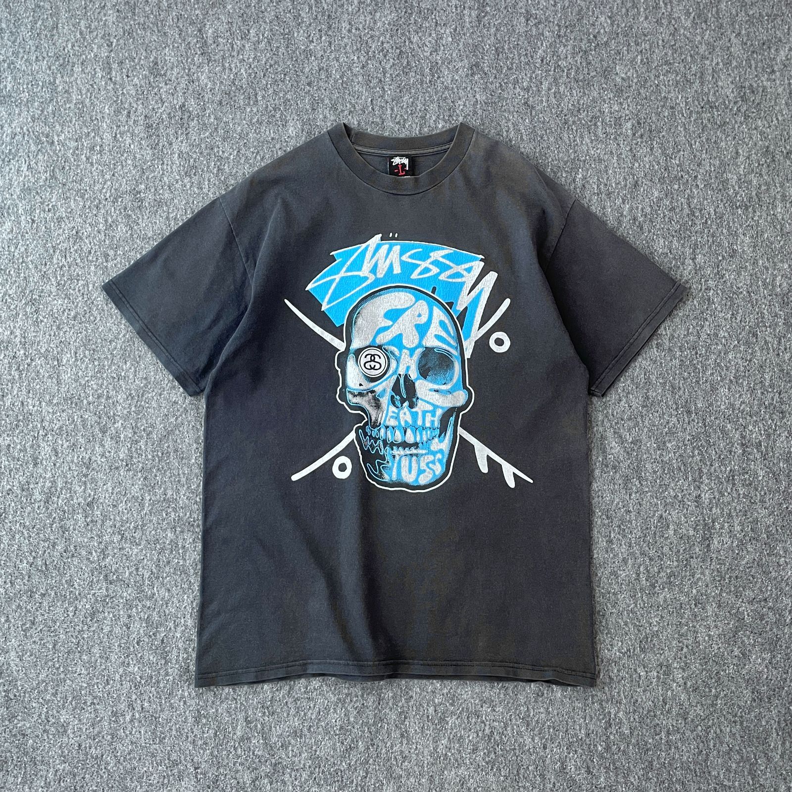90s　メキシコ製　STUSSY　デザインTシャツ　スカル　フェード　クラック　グッドカラー　墨黒