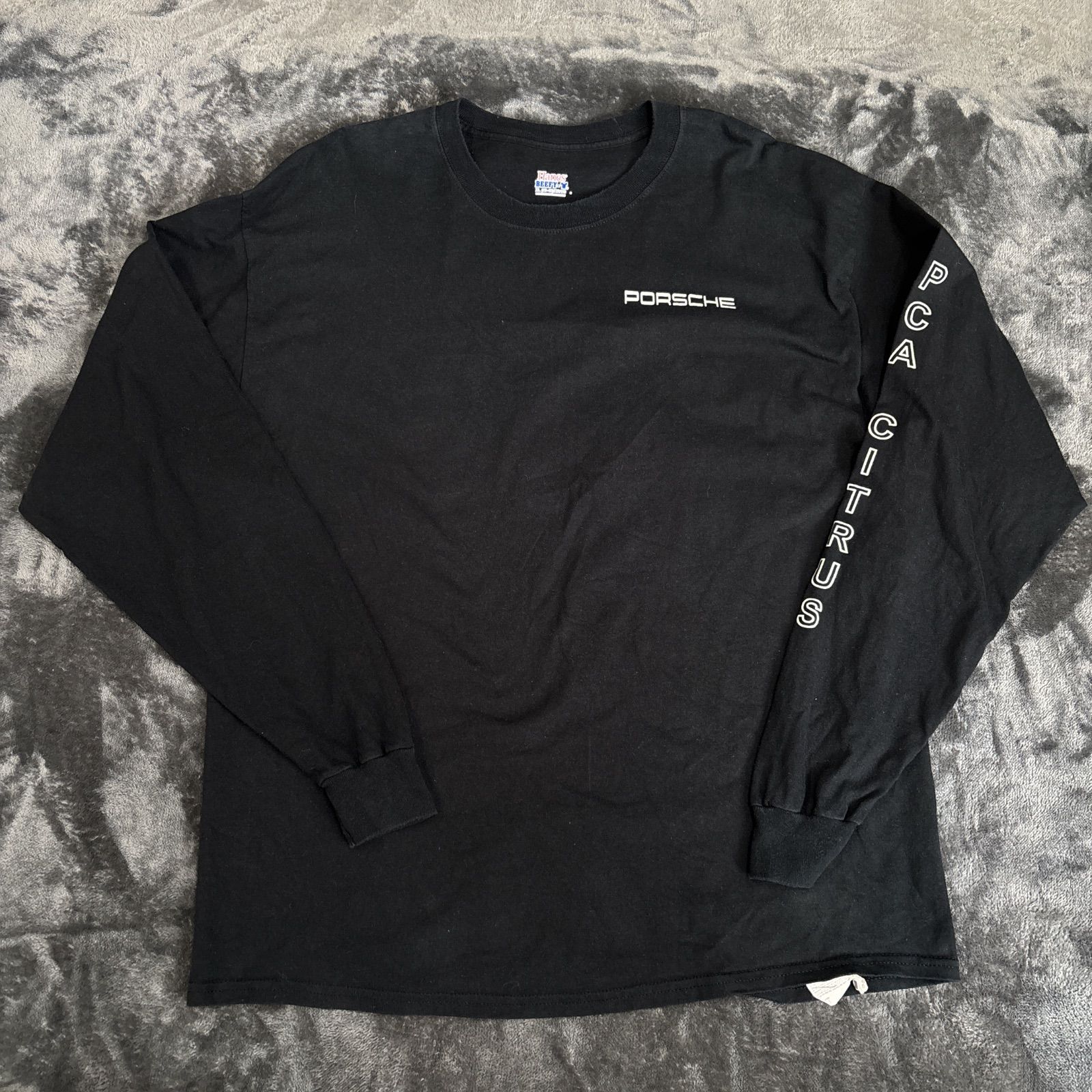 【USED】USA古着 PORSCHE ポルシェ ロンT 長袖Tシャツ Hanes BEEFY-T XL ブラック 袖プリント バックプリント 車 カーT モノクロ ビッグサイズ ストリート オーバーサイズ メンズ 黒 ロングスリーブ カットソー レーシング 4,400円