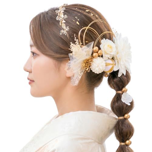 [FLORAL DATE ]髪飾り 23点セット 成人式 和装 白無垢 プリザーブドフラワー ダリア カスミ草 カチューシャ 前撮り ロープ タッセル 和玉 振袖 着物 卒業式 結婚式 ブライダル 上品 ヘアアクセサリー ゴールド ホワイト (ホワイト)t