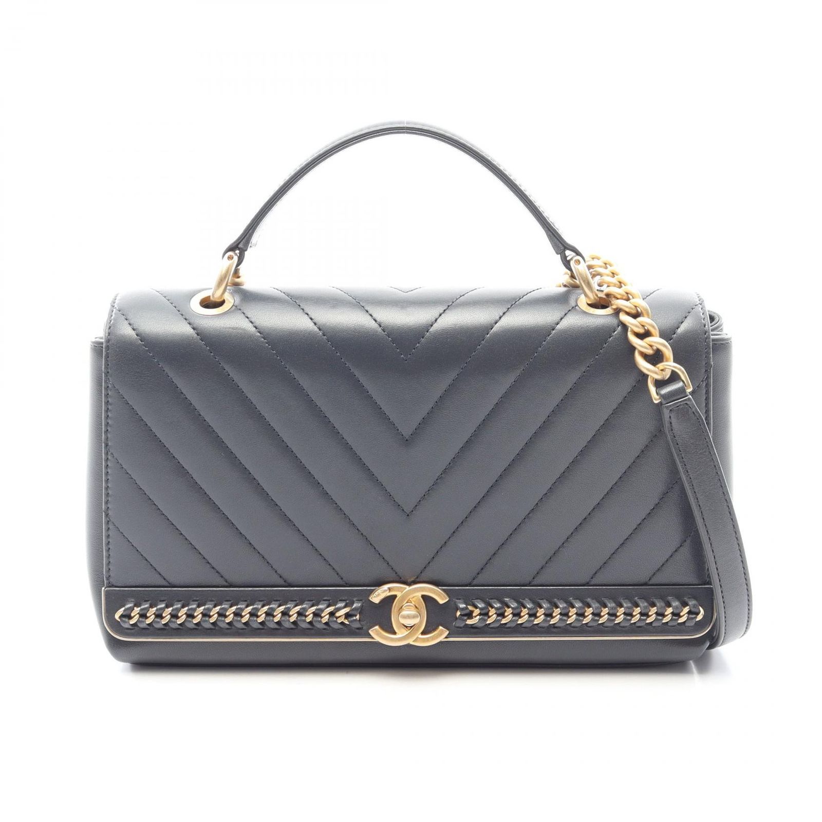 シャネル CHANEL ショルダーバッグ トップハンドル Vステッチ 2WAY ネイビー ラムスキン（羊革） Vステッチ チェーンショルダー レディース Used A