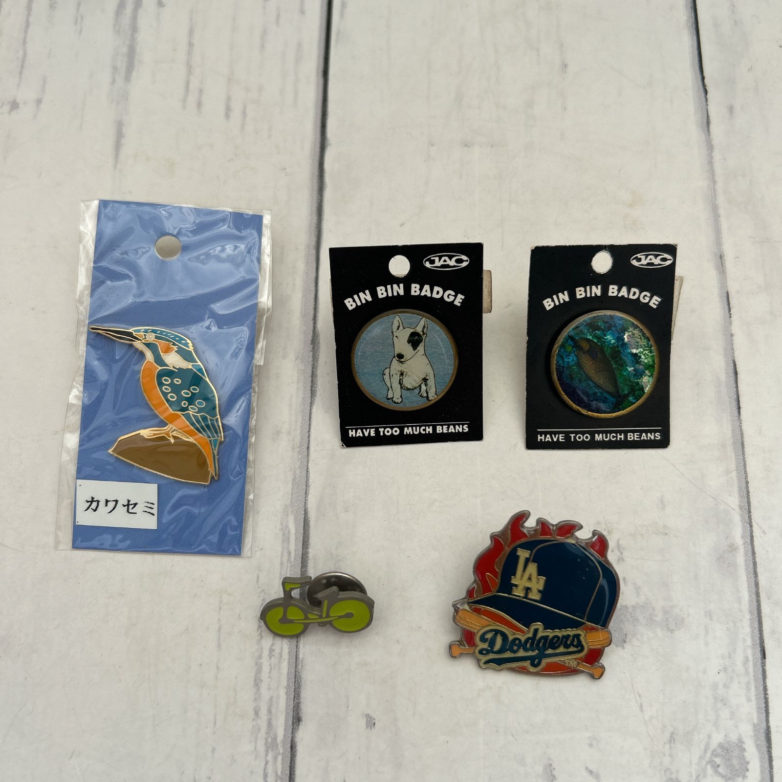 レア★ヴィンテージ ピンバッジ 5個セット カワセミ／BIN BIN BADGE（ブルテリア・魚）／LAドジャース2002／自転車 4,784円